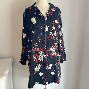 Zara Woman Floral Print Kimono Style Dress in Black Satin Sheen Red Floral, L
